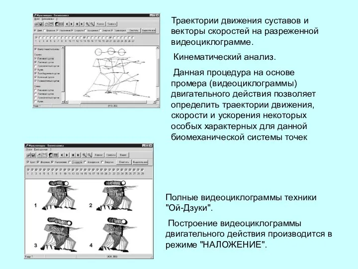 Траектории движения суставов и векторы скоростей на разреженной видеоциклограмме. Кинематический анализ.