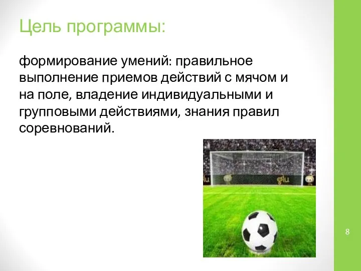 Цель программы: формирование умений: правильное выполнение приемов действий с мячом и