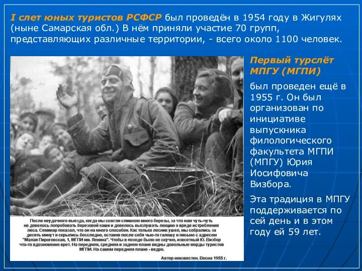 I слет юных туристов РСФСР был проведён в 1954 году в