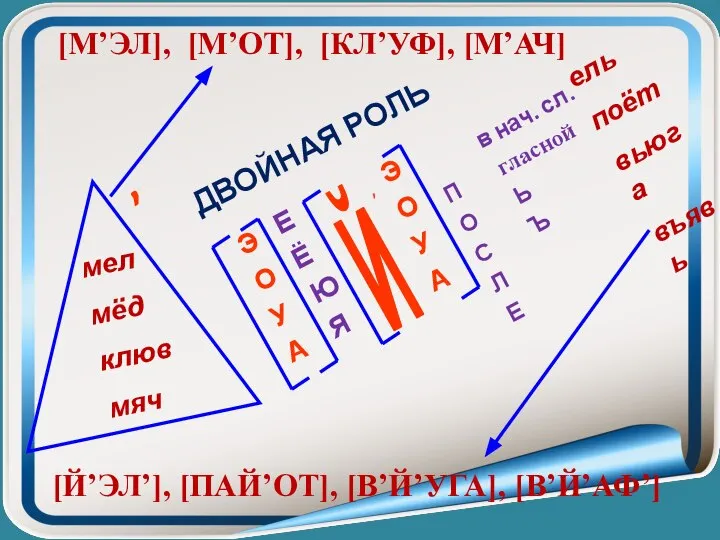 [М’ЭЛ], [М’ОТ], [КЛ’УФ], [М’АЧ] мел мёд клюв мяч , ДВОЙНАЯ РОЛЬ