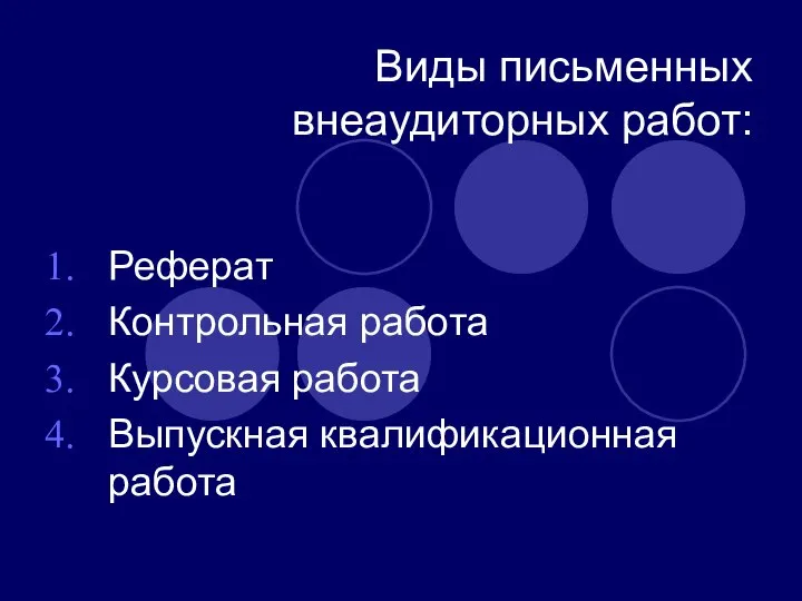 Виды письменных внеаудиторных работ: Реферат Контрольная работа Курсовая работа Выпускная квалификационная работа