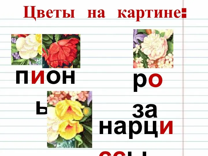 Цветы на картине: пионы роза нарциссы