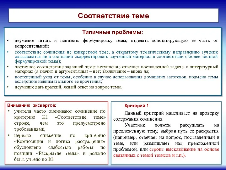 Типичные проблемы: неумение читать и понимать формулировку темы, отделять констатирующую ее