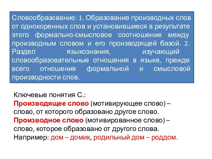 Словообразование: 1. Образование производных слов от однокоренных слов и установившиеся в