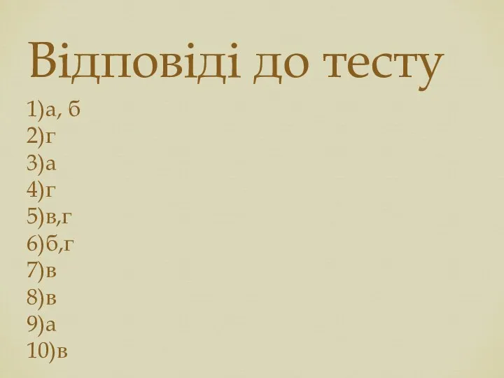 Відповіді до тесту 1)а, б 2)г 3)а 4)г 5)в,г 6)б,г 7)в 8)в 9)а 10)в