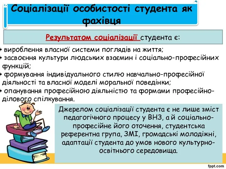 Соціалізації особистості студента як фахівця Результатом соціалізації студента є: вироблення власної