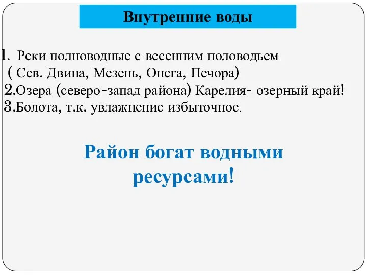 Внутренние воды Реки полноводные с весенним половодьем ( Сев. Двина, Мезень,