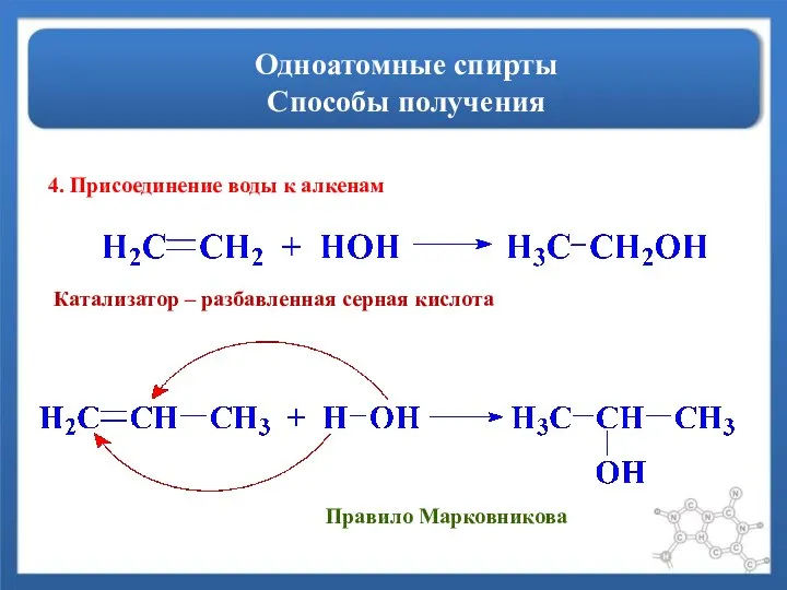 Одноатомные спирты Способы получения 4. Присоединение воды к алкенам Правило Марковникова Катализатор – разбавленная серная кислота