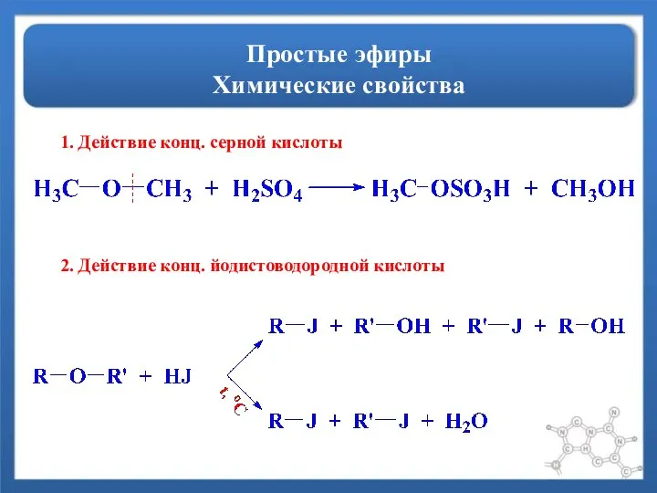 Простые эфиры Химические свойства 1. Действие конц. серной кислоты 2. Действие конц. йодистоводородной кислоты