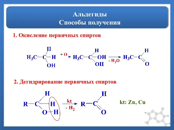 Альдегиды Способы получения 1. Окисление первичных спиртов 2. Дегидрирование первичных спиртов kt: Zn, Cu