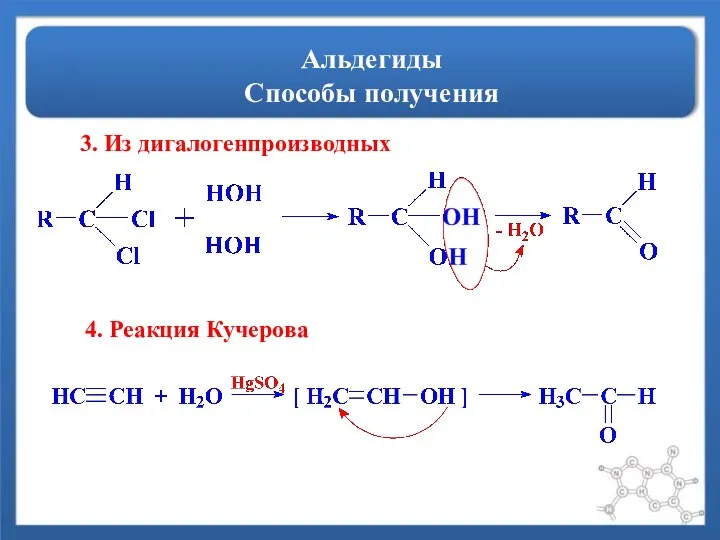 Альдегиды Способы получения 3. Из дигалогенпроизводных 4. Реакция Кучерова