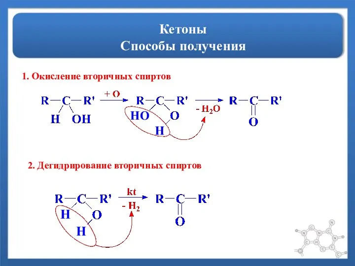 Кетоны Способы получения 1. Окисление вторичных спиртов 2. Дегидрирование вторичных спиртов