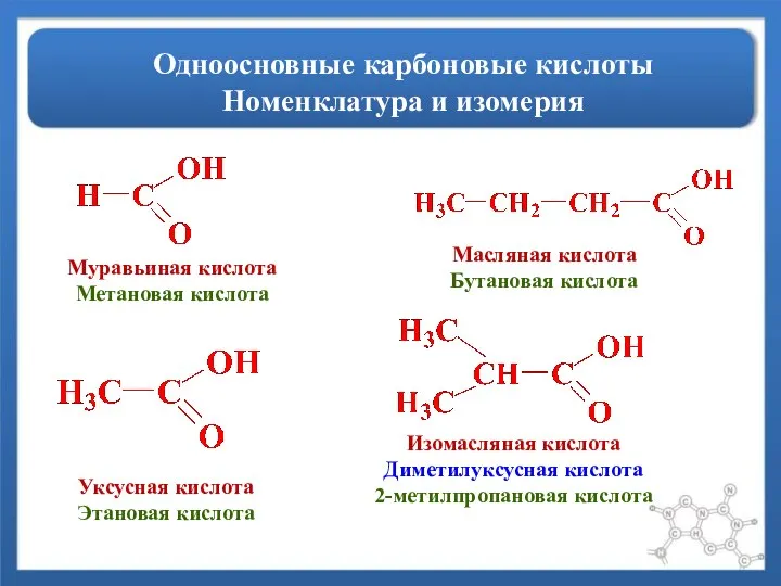 Одноосновные карбоновые кислоты Номенклатура и изомерия Муравьиная кислота Метановая кислота Масляная