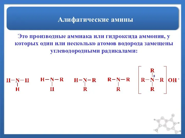 Алифатические амины Это производные аммиака или гидроксида аммония, у которых один