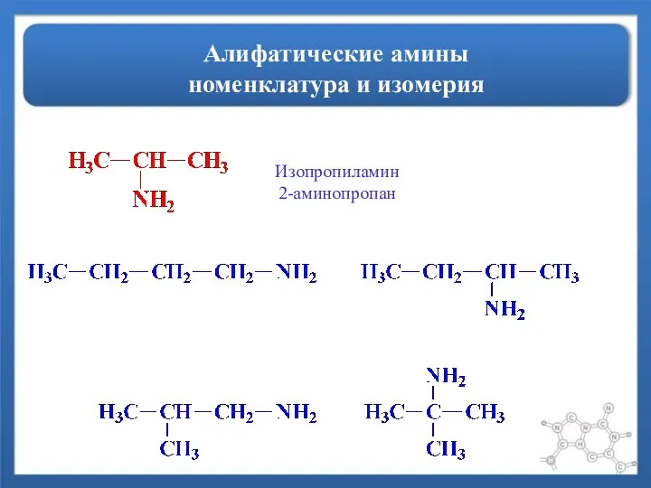 Алифатические амины номенклатура и изомерия Изопропиламин 2-аминопропан