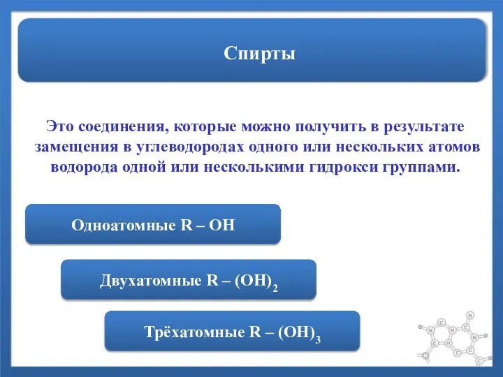 Спирты Одноатомные R – OH Это соединения, которые можно получить в