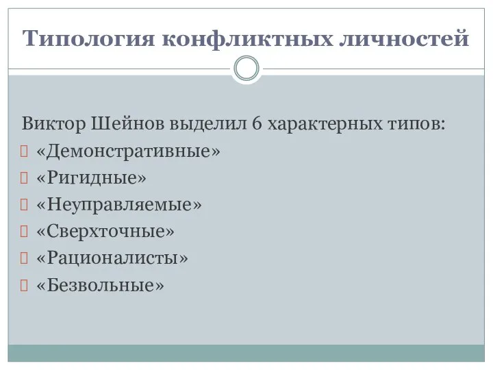 Типология конфликтных личностей Виктор Шейнов выделил 6 характерных типов: «Демонстративные» «Ригидные» «Неуправляемые» «Сверхточные» «Рационалисты» «Безвольные»