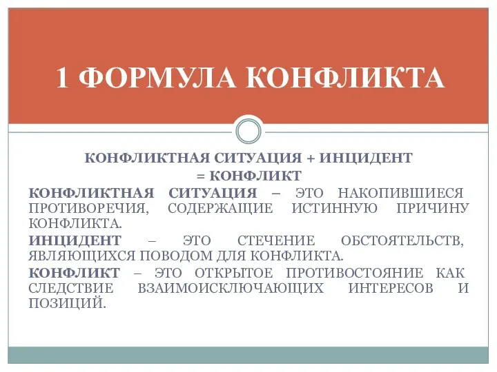 КОНФЛИКТНАЯ СИТУАЦИЯ + ИНЦИДЕНТ = КОНФЛИКТ КОНФЛИКТНАЯ СИТУАЦИЯ – ЭТО НАКОПИВШИЕСЯ