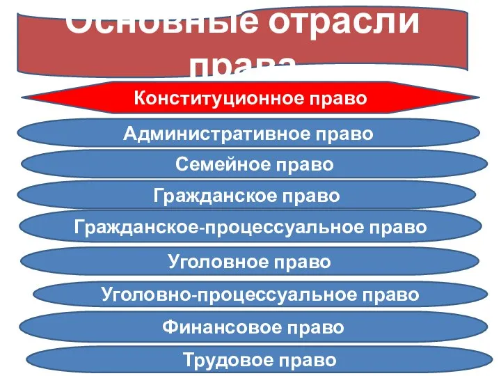 Основные отрасли права Конституционное право Административное право Семейное право Гражданское право