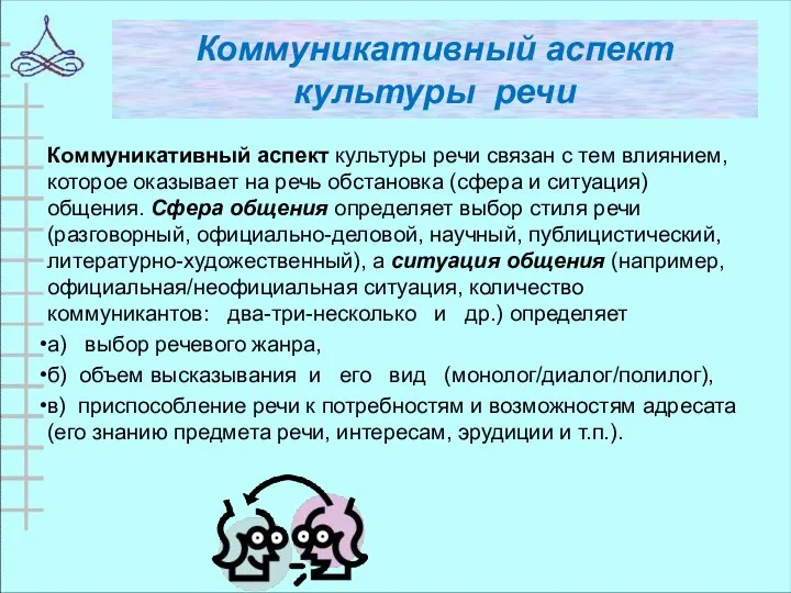 Коммуникативный аспект культуры речи Коммуникативный аспект культуры речи связан с тем