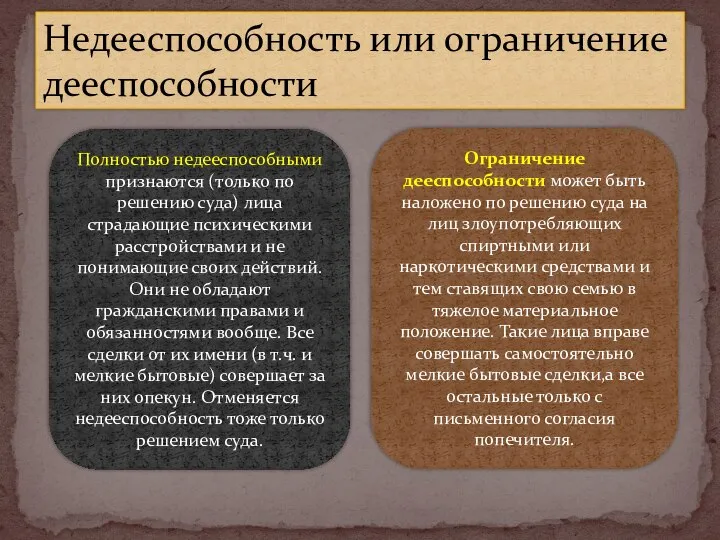 Недееспособность или ограничение дееспособности Полностью недееспособными признаются (только по решению суда)