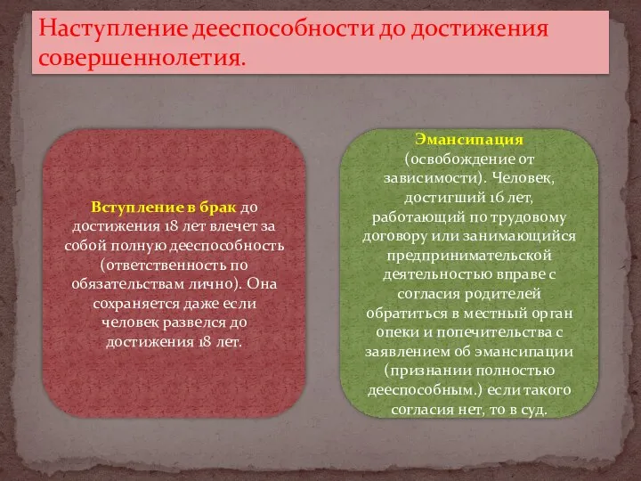 Наступление дееспособности до достижения совершеннолетия. Вступление в брак до достижения 18