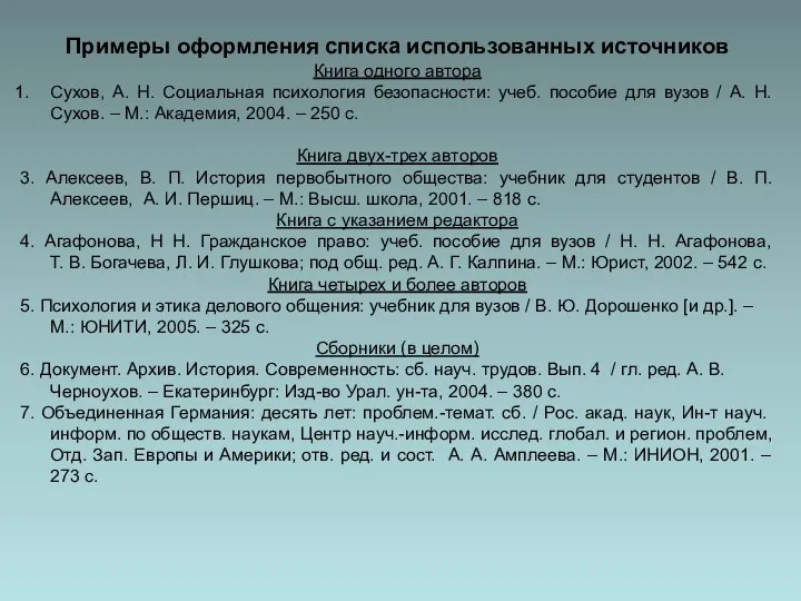 Примеры оформления списка использованных источников Книга одного автора Сухов, А. Н.