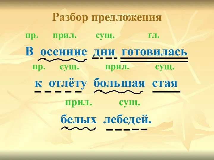 Разбор предложения пр. прил. сущ. гл. В осенние дни готовилась пр.