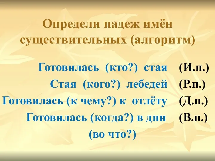 Определи падеж имён существительных (алгоритм) Готовилась (кто?) стая Стая (кого?) лебедей