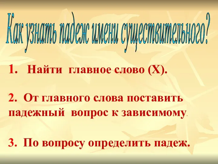 Как узнать падеж имени существительного? 1. Найти главное слово (X). 2.