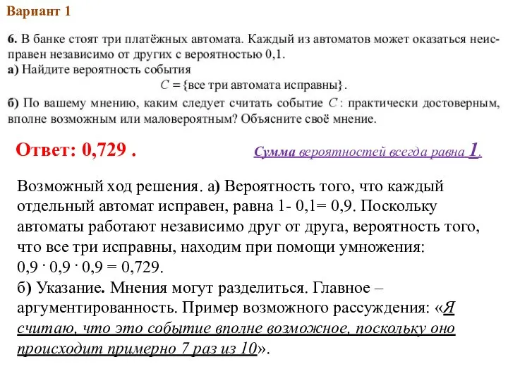 2013Вар.1 Вариант 1 Возможный ход решения. а) Вероятность того, что каждый