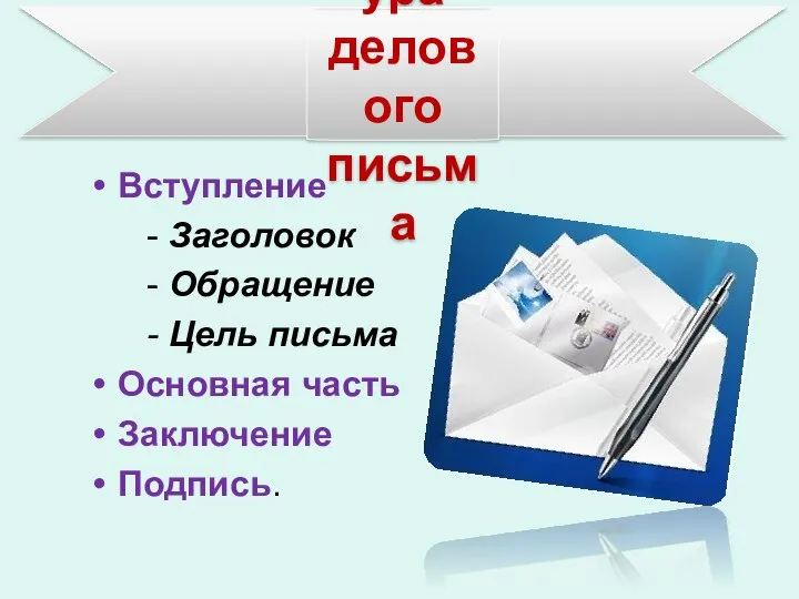 Вступление - Заголовок - Обращение - Цель письма Основная часть Заключение Подпись. Структура делового письма