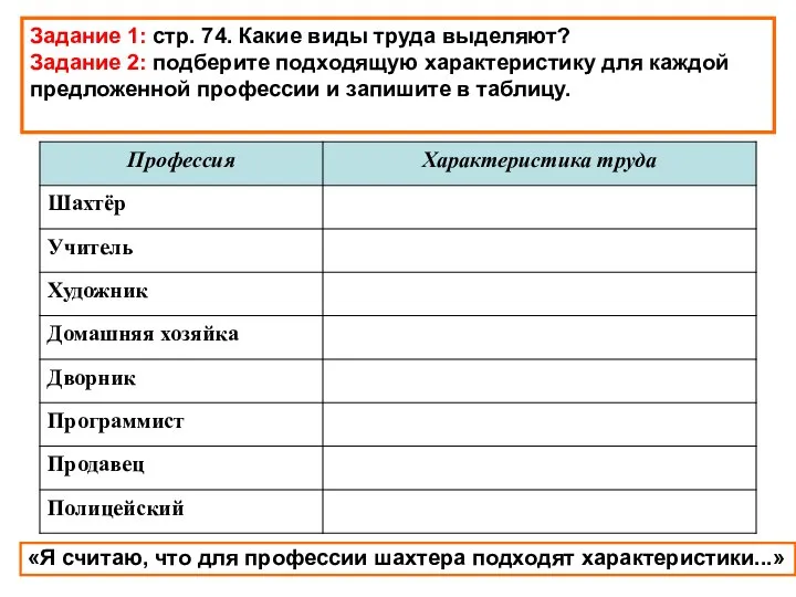 Задание 1: стр. 74. Какие виды труда выделяют? Задание 2: подберите