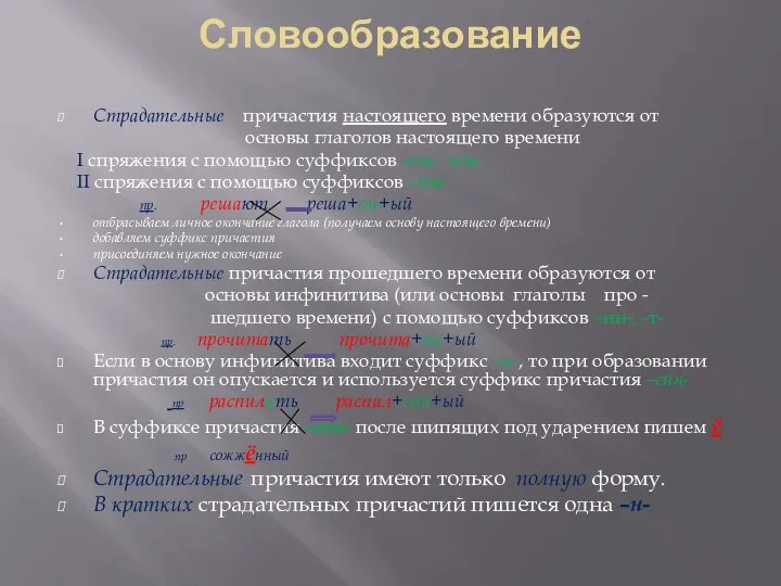 Словообразование Страдательные причастия настоящего времени образуются от основы глаголов настоящего времени