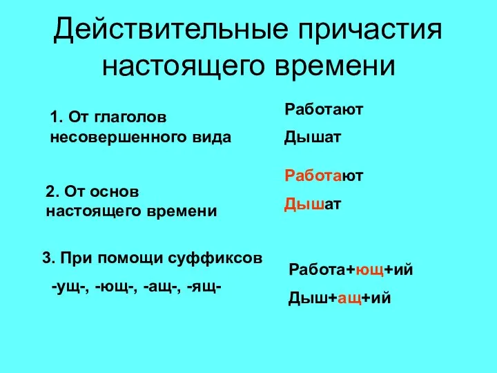 Действительные причастия настоящего времени 1. От глаголов несовершенного вида 2. От