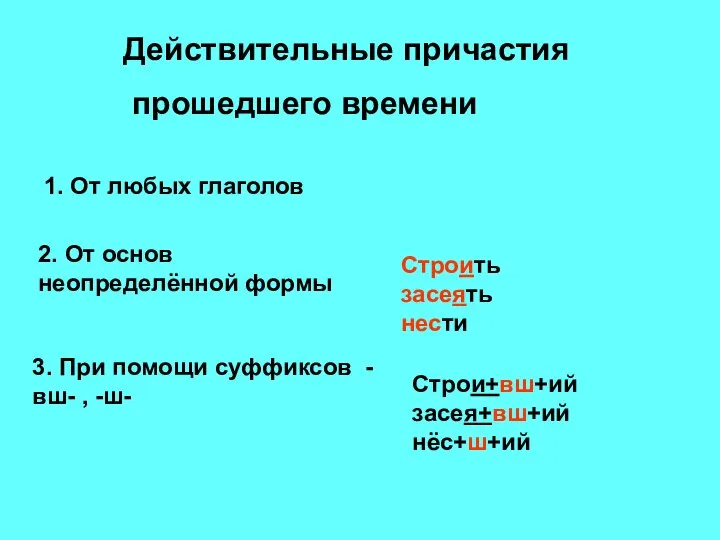 Действительные причастия прошедшего времени 1. От любых глаголов 2. От основ