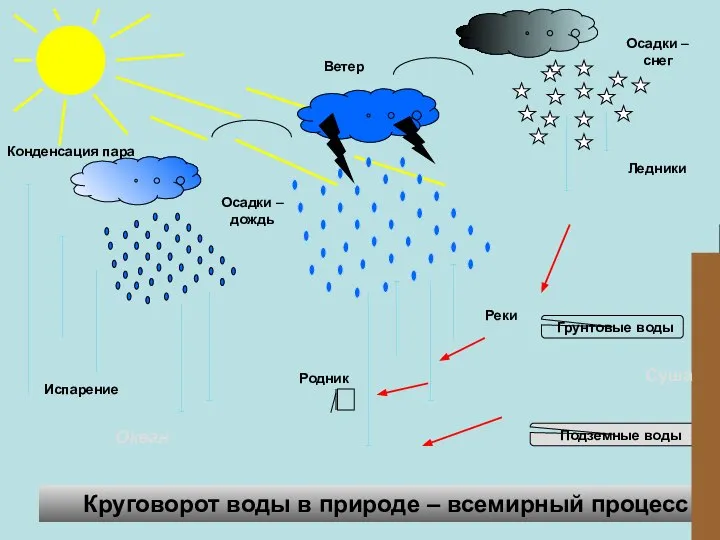 Испарение Конденсация пара Осадки – дождь Осадки – снег Ветер Круговорот