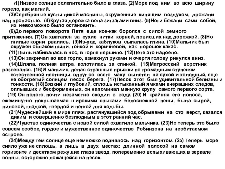 (1)Низкое солнце ослепительно било в глаза. (2)Море под ним во всю