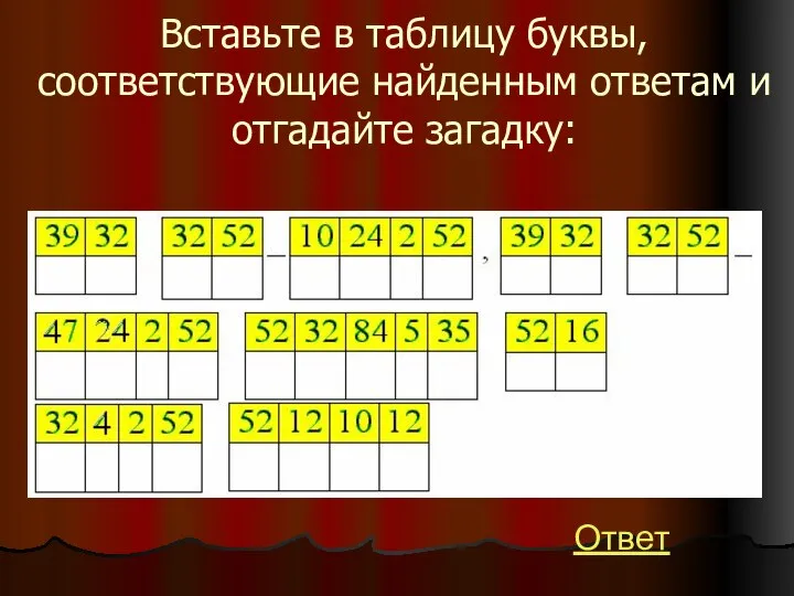 Вставьте в таблицу буквы, соответствующие найденным ответам и отгадайте загадку: Ответ