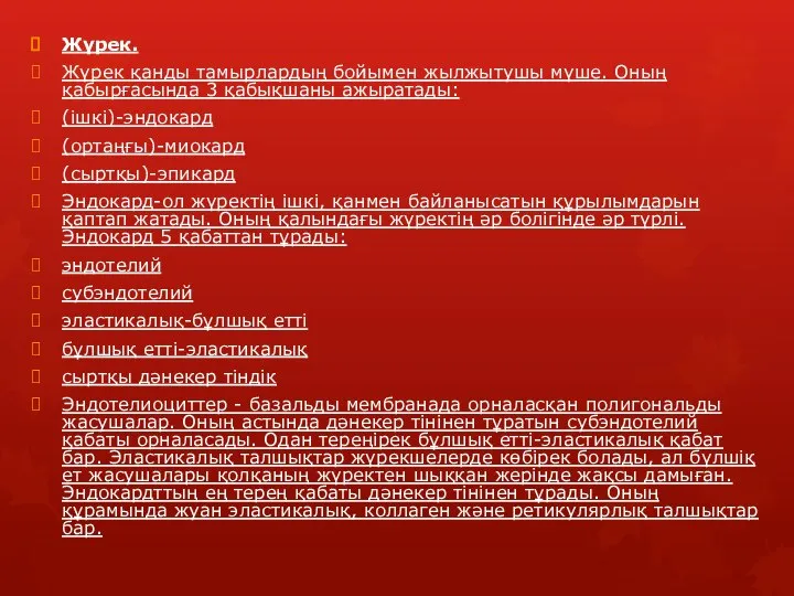 Жүрек. Жүрек қанды тамырлардың бойымен жылжытушы мүше. Оның қабырғасында 3 қабықшаны