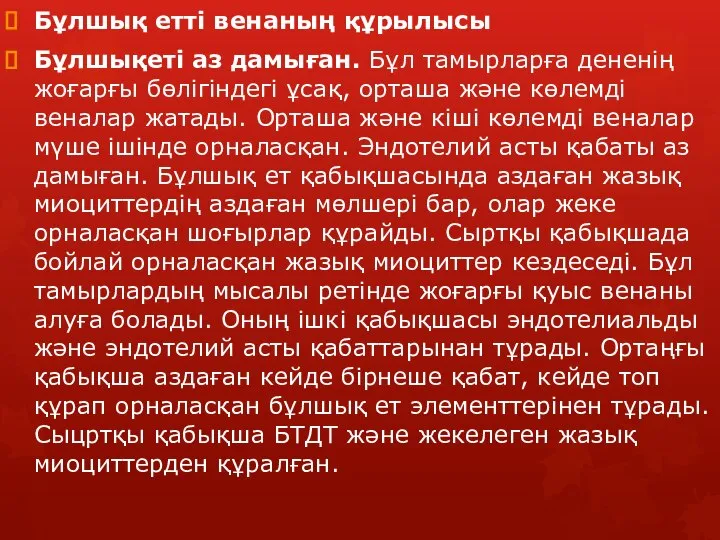 Бұлшық етті венаның құрылысы Бұлшықеті аз дамыған. Бұл тамырларға дененің жоғарғы