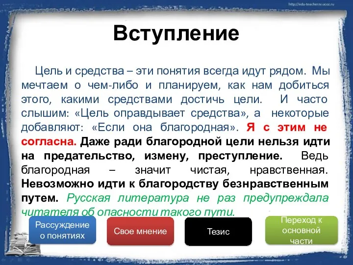 Вступление Цель и средства – эти понятия всегда идут рядом. Мы