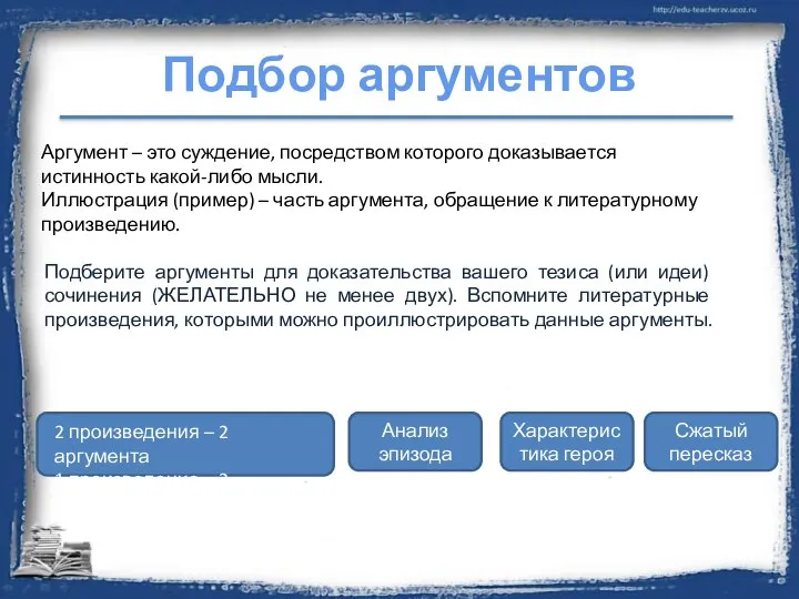 Подбор аргументов Подберите аргументы для доказательства вашего тезиса (или идеи) сочинения