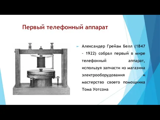 Первый телефонный аппарат Александер Грейам Белл (1847 – 1922) собрал первый