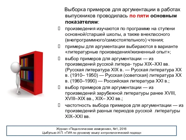 Выборка примеров для аргументации в работах выпускников проводилась по пяти основным