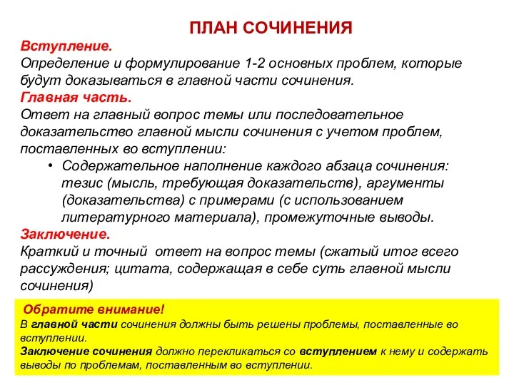 ПЛАН СОЧИНЕНИЯ Вступление. Определение и формулирование 1-2 основных проблем, которые будут