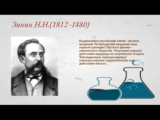 Зинин Н.Н.(1812 -1880) Выдающийся российский химик- органик, академик Петербургской академии наук,