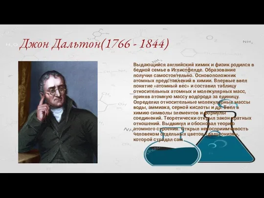 Джон Дальтон(1766 - 1844) Выдающийся английский химик и физик родился в