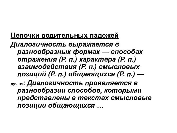 Цепочки родительных падежей Диалогичность выражается в разнообразных формах — способах отражения