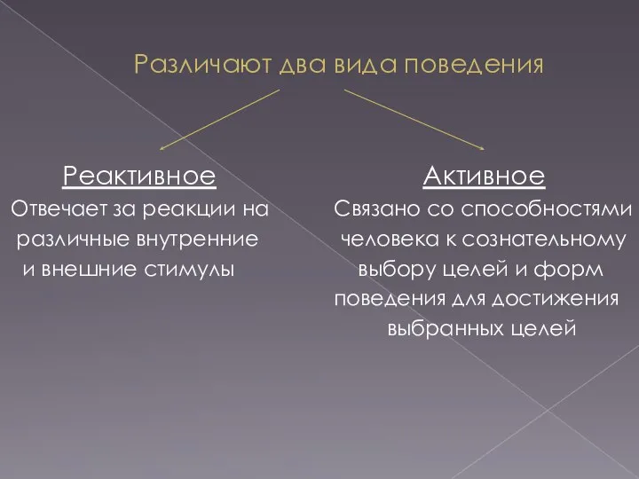 Различают два вида поведения Реактивное Активное Отвечает за реакции на Связано